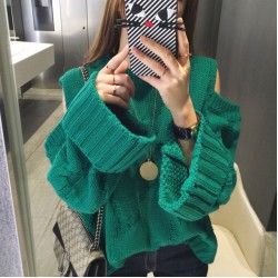 6143 off shoulder fashion wide cuffs Korea loose twist knitting hood sweater