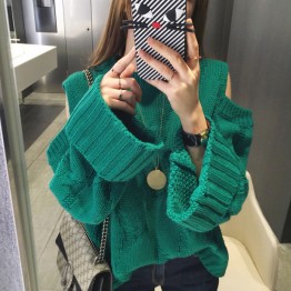 6143 off shoulder fashion wide cuffs Korea loose twist knitting hood sweater