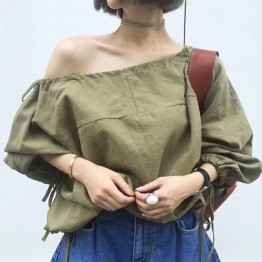 C4965 Retro Pure Color Elastic Shield Shoulder Shirt