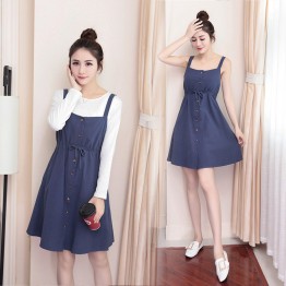 2017 Autumn Fashion Slimming Cotton Trousered Cotton Two-piece Set of White T-shirt + Strap Dress