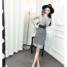 9169 fashion Korean back zipper woolen splicing lace tight hip dress