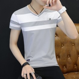 New summer new striped cotton stitching Slim short-sleeved V-neck men's T-shirt 2333