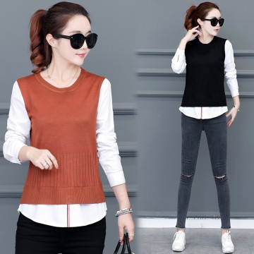 Real shot 2017 Korean stitch knitting female sets of fake two sets of sweaters women shirt shirt sweater women 9029