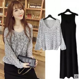 8068 women's bat sleeves V-neck sweater with vest dress