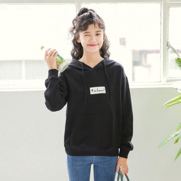 Korean fashion simple printing students black hooded women sweater 9169 #