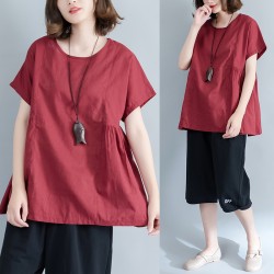 8791 Large size women flax art simple waist shrink bat shirt