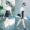 528 black leather skirt high waist A-line irregular skirt