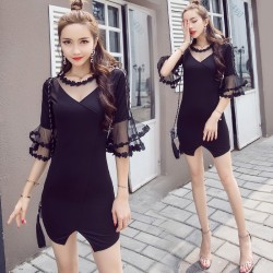 7136 lace perspective horn sleeve fashion nightclub sexy dress 