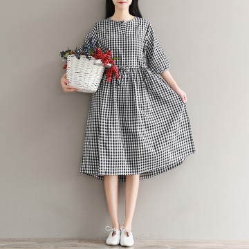 1929 real shot 2017 autumn sen female retro buckle text lattice loose large size cotton and linen dress skirt