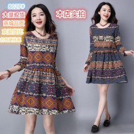 8027 national style cotton and linen large size women's geometric printing dress