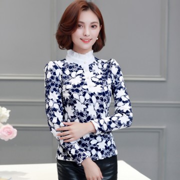 Autumn and winter new plus velvet thick jacket Korean chiffon shirt Slim shirt long sleeve lace shirt 9003