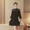 2017 new Korean autumn stand collar hollow lace code long-sleeved chiffon pregnant women skirt dress