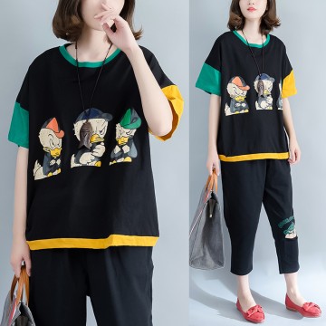 Large size women thin cotton comfortable cartoon printing spell color leisure loose T-shirt 8797#