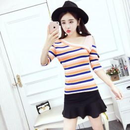 8008 European and American fashion color stripes oblique shoulder knit shirt