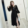 2017 spring and autumn 7 points sleeve V collar retro Slim dress pure black temperament split open dress