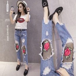 Holes roses net socks jeans thin nine points pencil pants