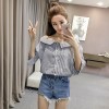 126 striped lotus leaf off shoulder sweet shirt