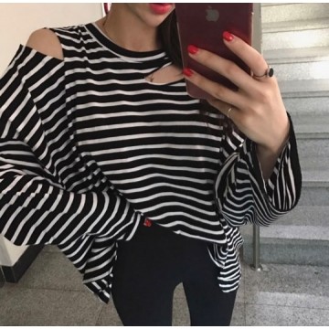 Korean style simple striped loose long sleeve T shirt