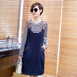 171-1 large size women spring new two-piece stripes t-shirt and denim dress