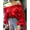 2017 Autumn new Korean version of the word shoulder drawstring wrinkled fungus ears strapless loose red five-point sleeves shirt women