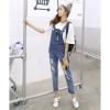 8506 preppy style loose hole suspender denim trousers