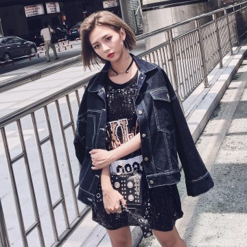 128 pure color straight loose printed denim jacket