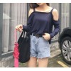 592 # real shot Korea chic casual sling strapless long-sleeved wild TEE blouse