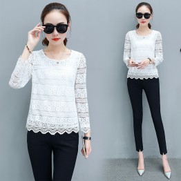 9036 Hollow long-sleeved lace bottom shirt slim blouse