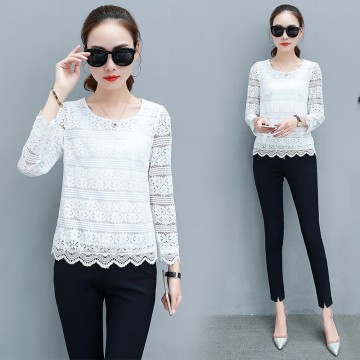 6091 Hollow long-sleeved lace spring and autumn short thin bottom shirt slim blouse