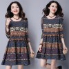 8027 national style cotton and linen large size women's geometric printing dress