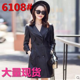 Spring and autumn new women's leather women's long motorcycle Pu jacket