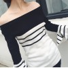 Korean fashion strapless collar leaf sleeves Slim was thin black and white striped sweater ice silk T shirt women shirt