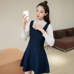 5112  long sleeve shirt with  A-line denim strap skirt