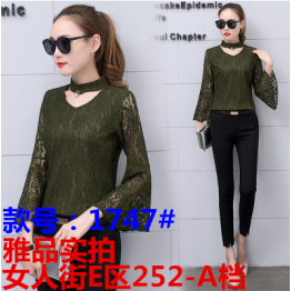 1747 2017 spring and autumn new lace bottoming shirt women's long-sleeved hollow mesh yarn shirt