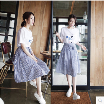 Korean fashion summer white t-shirt with stripes skirt two-piece suit dress