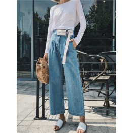 2720 ​​European station 2017 new denim wide leg pants female summer loose high waist decorated belt straight jeans