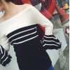 Korean fashion strapless collar leaf sleeves Slim was thin black and white striped sweater ice silk T shirt women shirt