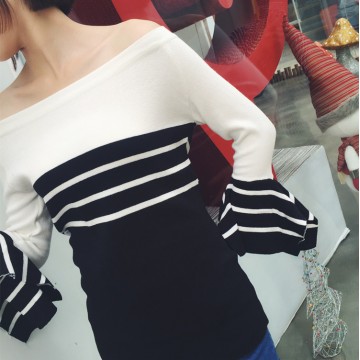 Korean fashion strapless collar leaf sleeves Slim was thin black and white striped sweater ice silk T shirt women shirt