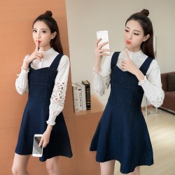 5112  long sleeve shirt with  A-line denim strap skirt