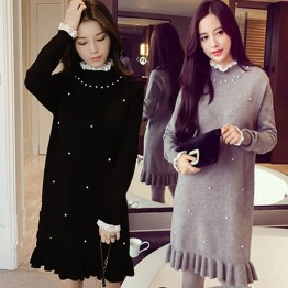 1670 plus size pearls round neck knitting sweater dress