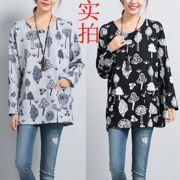 8266 plus size cotton printed long-sleeved round neck loose T-shirt