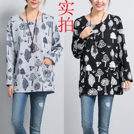 8266 Autumn new plus size cotton printed long-sleeved round neck loose T-shirt