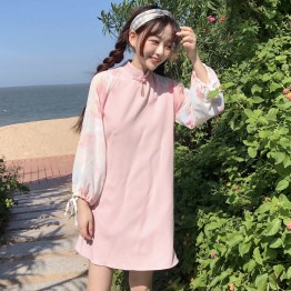 561 preppy style pink girl long-sleeved improved cheongsam dress