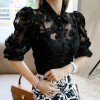 9246 # 2017 Korean version of the new women's high-grade lace shirt collar Puff Sleeve waist shirt