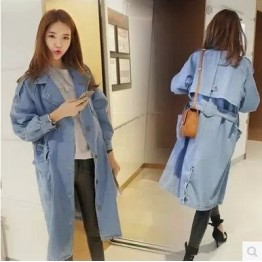 909 Korean fashion windbreaker loose large size tie waist knee long denim jacket