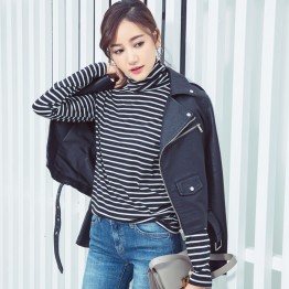 3641 autumn Korean fashion stripes high collar long-sleeved T-shirt