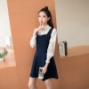 5112# Sweet thin A-line suit long sleeve shirt + denim strap skirt two-pieces