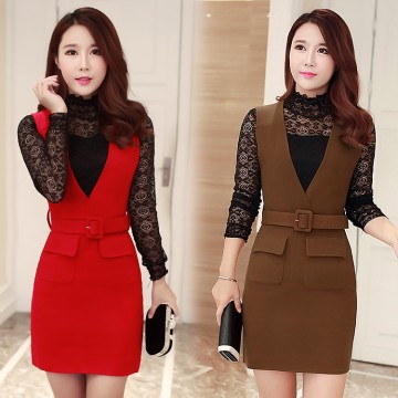 Elegant strap skirt autumn and winter woolen skirt dress 0886