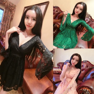 4322 Aristocratic temperament fashion slim Princess low-cut V-neck lace waist trumpet sleeve dress