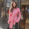 6157 elegant chic design waist plaid shirt